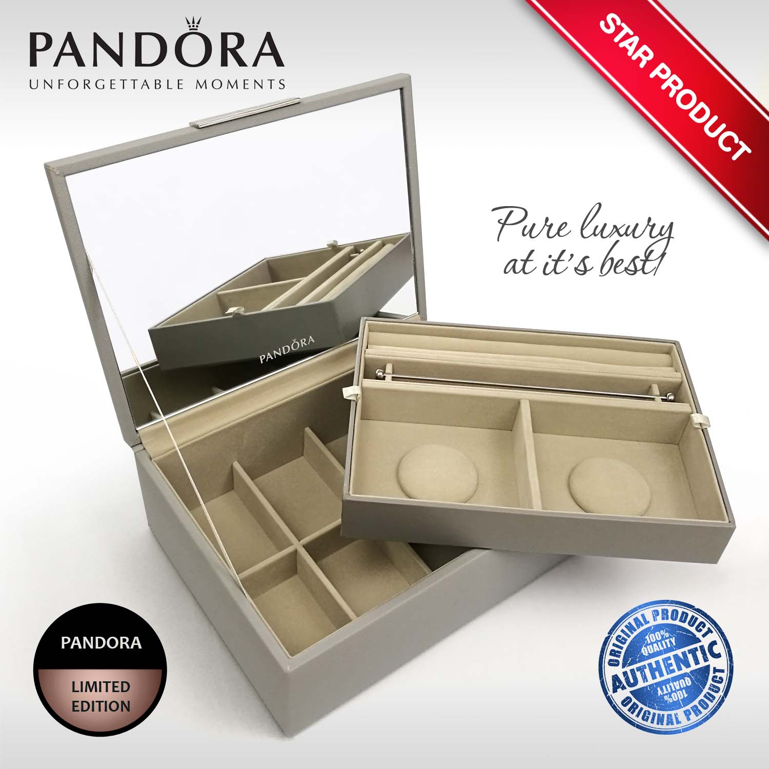 PANDORA Limited Edition Luxury Two Tier Dove Grey Mirrored Jewellery