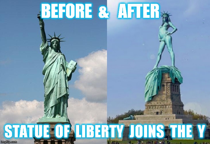 Statue of Liberty, drops the torch, closes the borders and gets fit