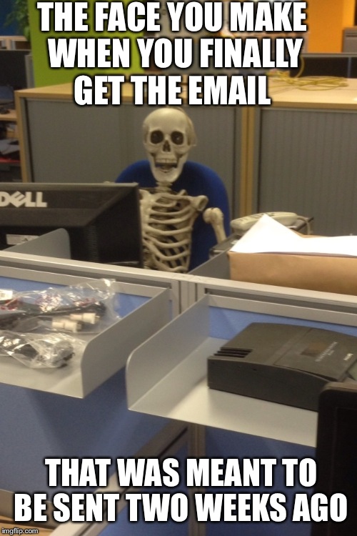 Image tagged in memes,still waiting,skeleton,email Imgflip
