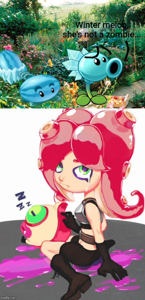 Image tagged in garden,crying octoling,octoling,plants vs zombies,memes