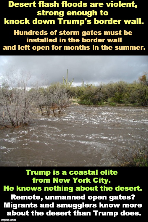 High winds have already blown down part of Trump's wall. Desert floods