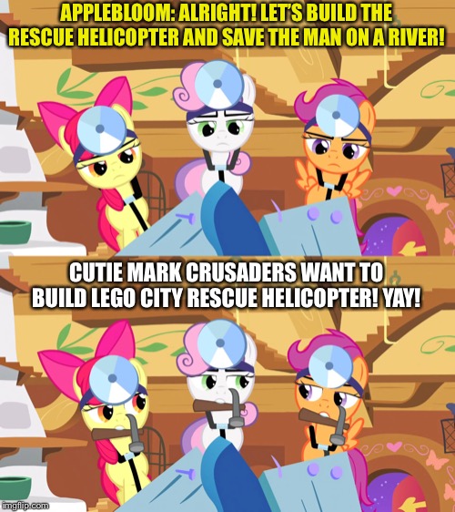 MLP CMC tries to build a rescue helicopter by a man fall into the river