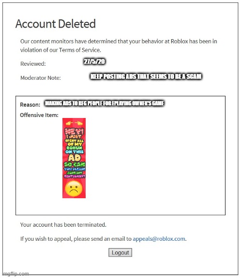 fake roblox ban Imgflip