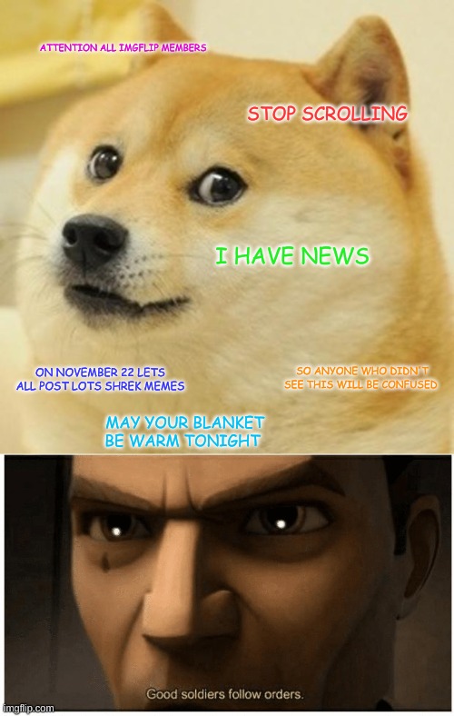 Image tagged in memes,doge,good soldiers follow orders Imgflip