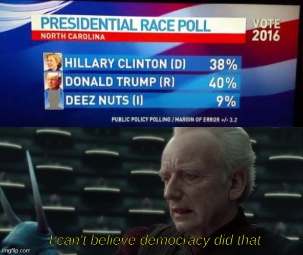 Image tagged in palpatine,i love democracy,deez nuts,funny,memes Imgflip
