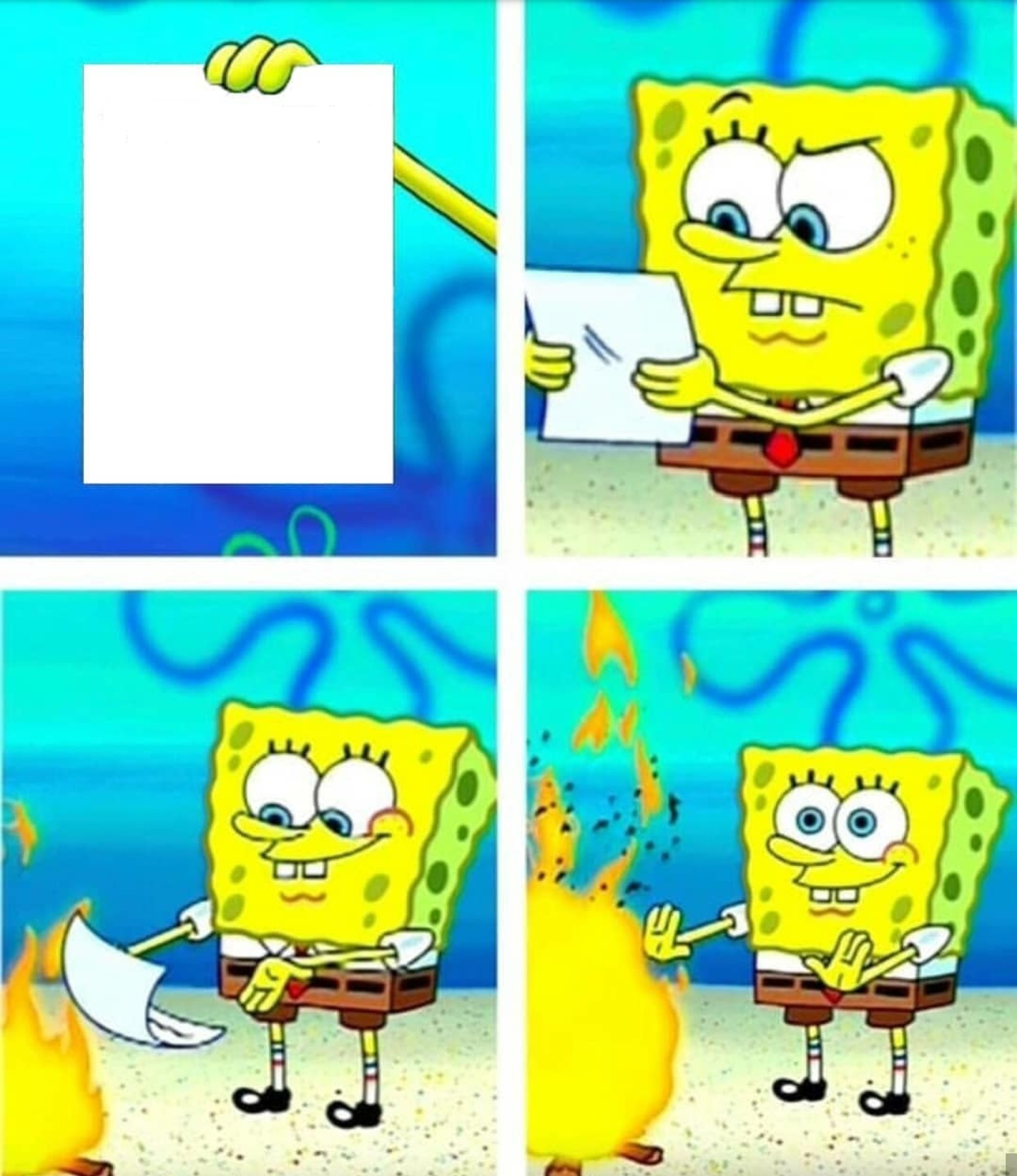 Spongebob putting paper in fire Blank Template Imgflip