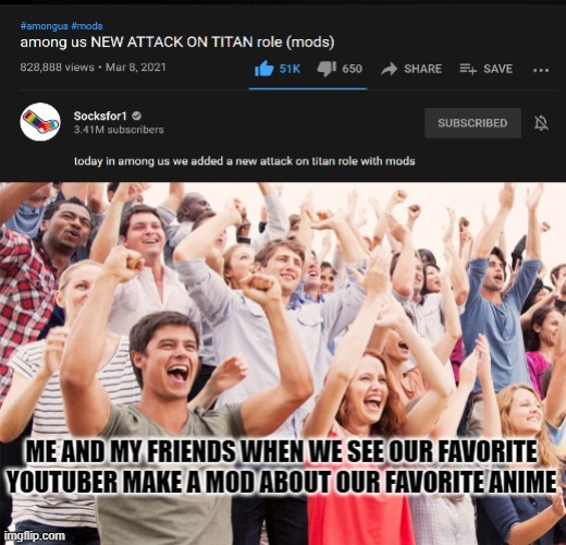 Image tagged in crowd cheering,memes,attack on titan Imgflip