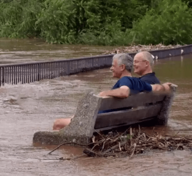 2 guys sitting on a bench in a flood Meme Generator Imgflip