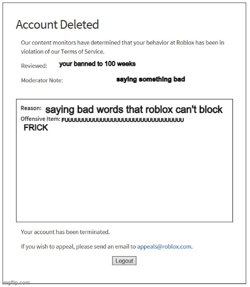 when you say stuff that roblox can't block, then you got banned Imgflip