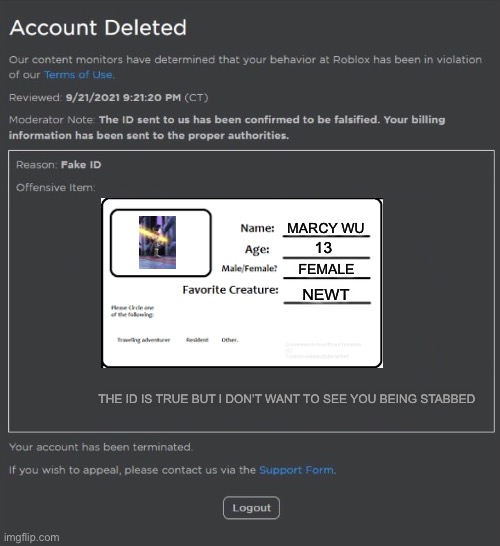 Banned from roblox (fake ID) Memes Imgflip
