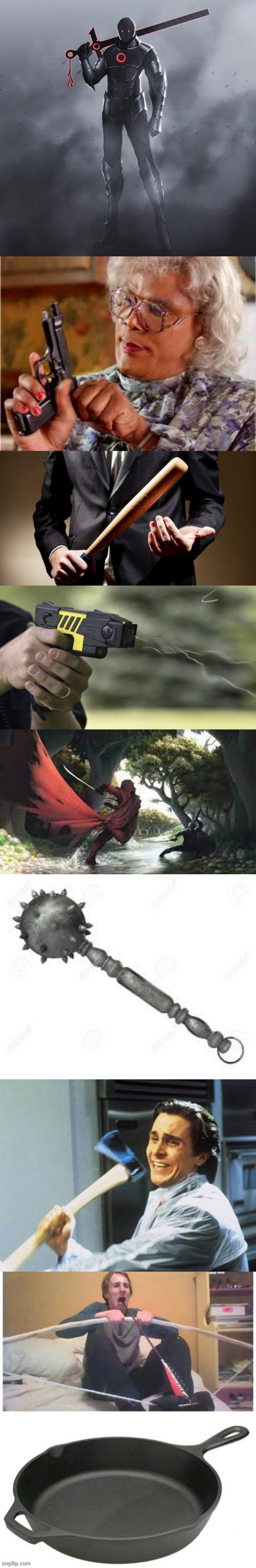 long sword bat gun taser quick sneak attack iron mace axe arrows pan