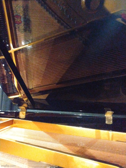 The inside of a Wurlitzer baby grand piano Imgflip