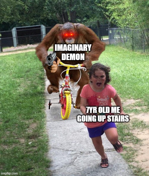 Orangutan chasing girl on a tricycle Memes Imgflip