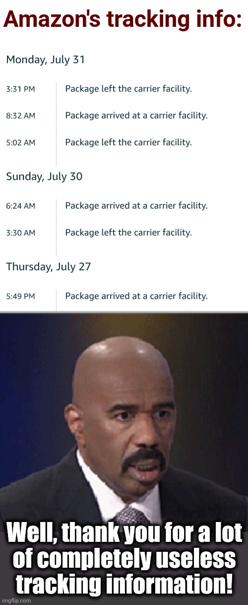 Image tagged in steve harvey,amazon,tracking,carrier facility,useless