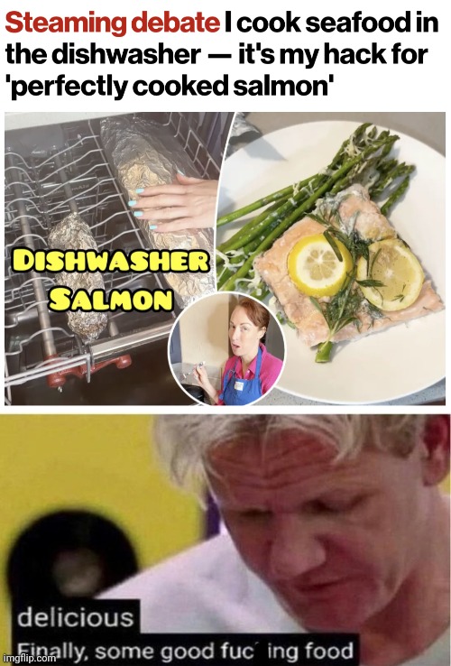 Image tagged in gordon ramsay some good food,dishwasher,salmon,cooking