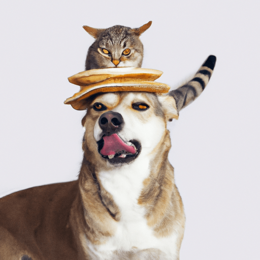 Dog with a cat on top with a pancake on the cat's head Blank Template
