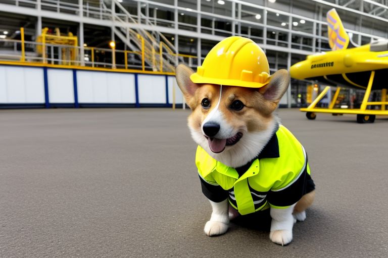 Dog in hard hat at airplane factory Blank Template Imgflip