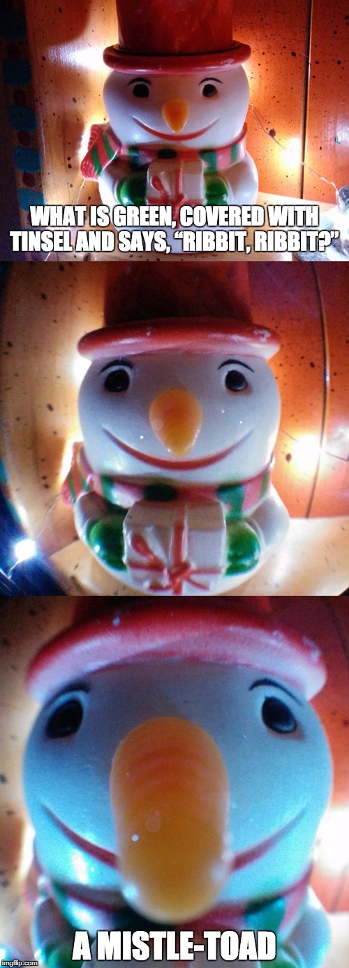 SnowJoke What is green covered with tinsel and says, “Ribbit, ribbit