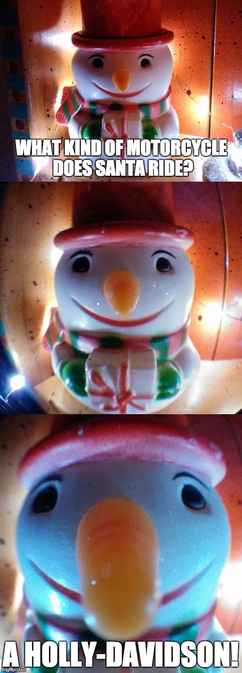 SnowJoke What kind of motorcycle does Santa ride?A HollyDavidson! Let