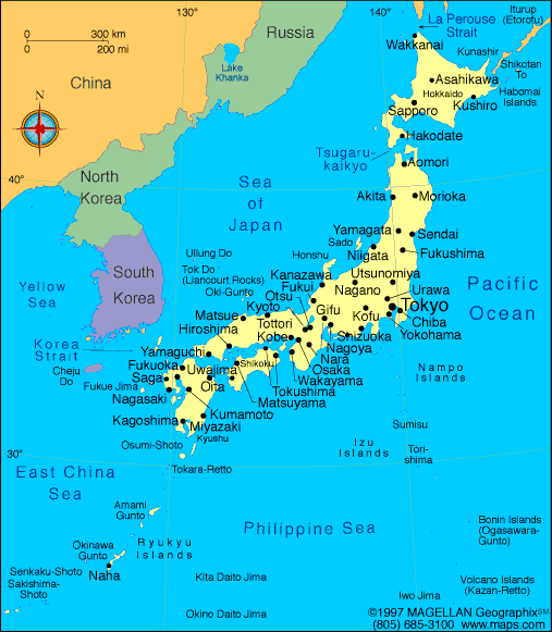Japan on world map: surrounding countries and location.