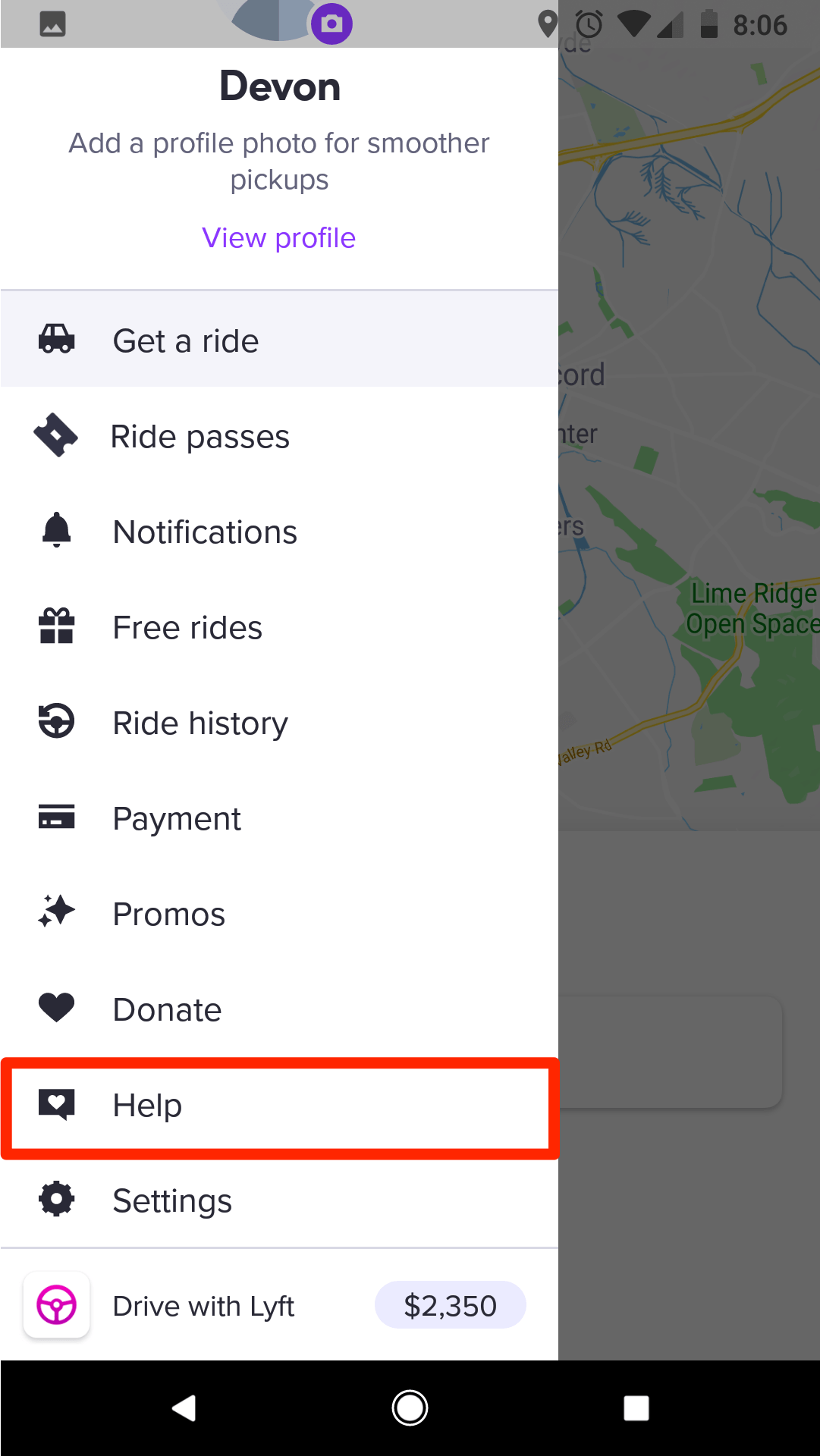 How to contact Lyft through the mobile app or website for customer