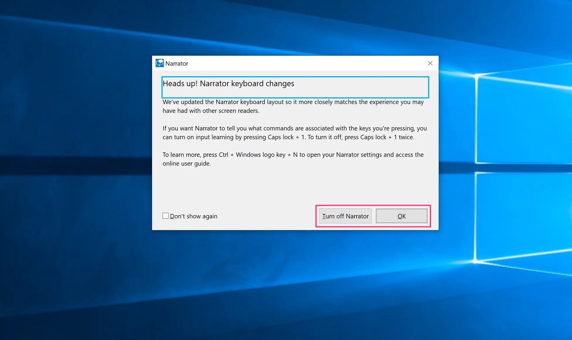 How to turn Narrator on or off on a Windows 10 computer, for an