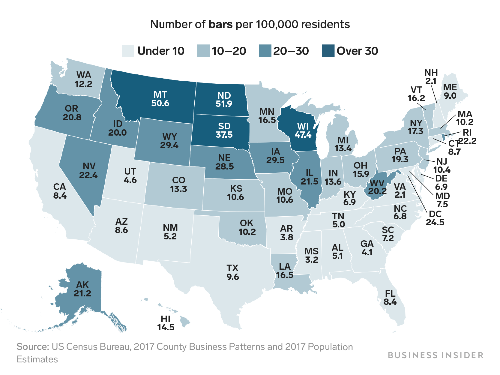 Prohibition Anniversary Bars Per Capita State Map Business Insider