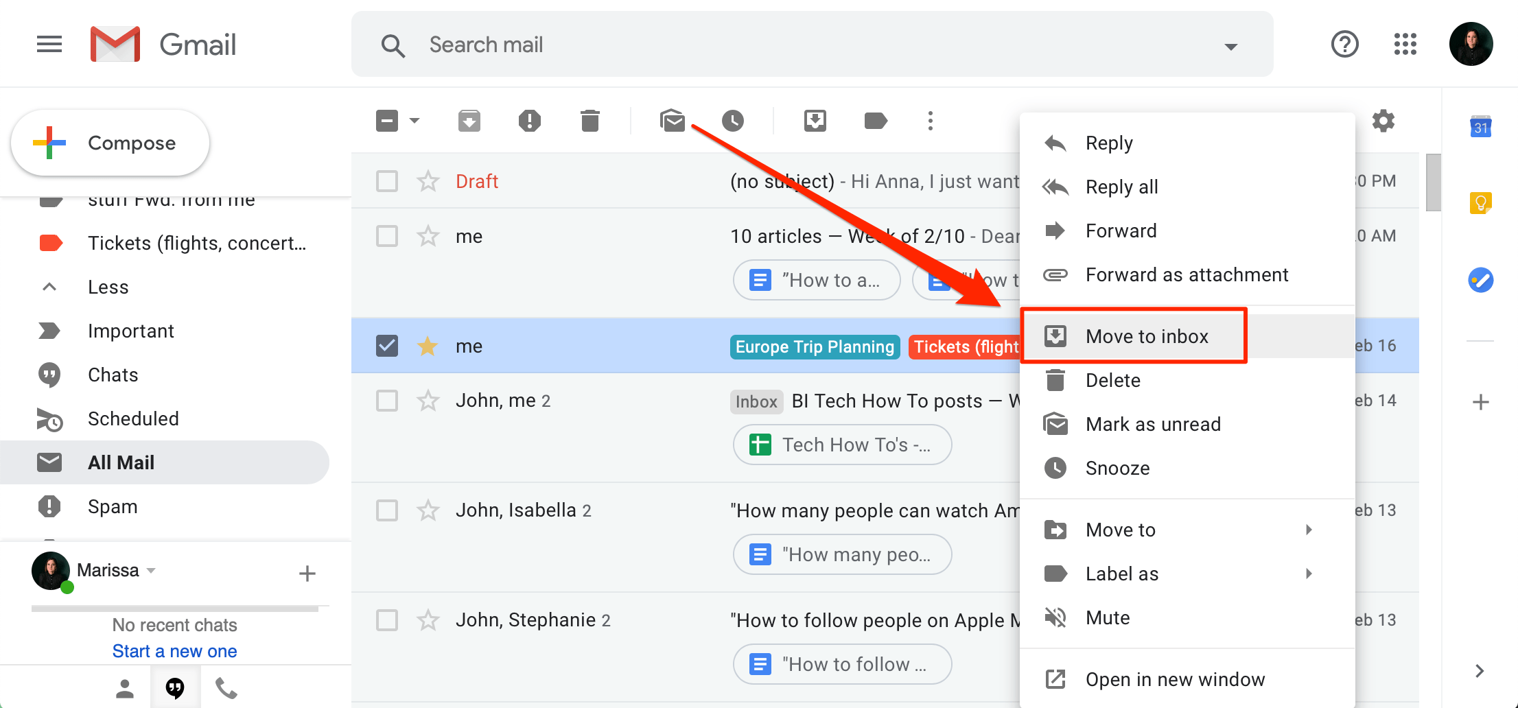 How to unarchive Gmail messages and move them back to your inbox on