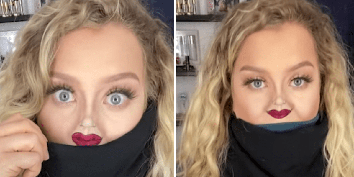 Woman Painted a Tiny Nose and Mouth Above Her Scarf in Makeup Tutorial