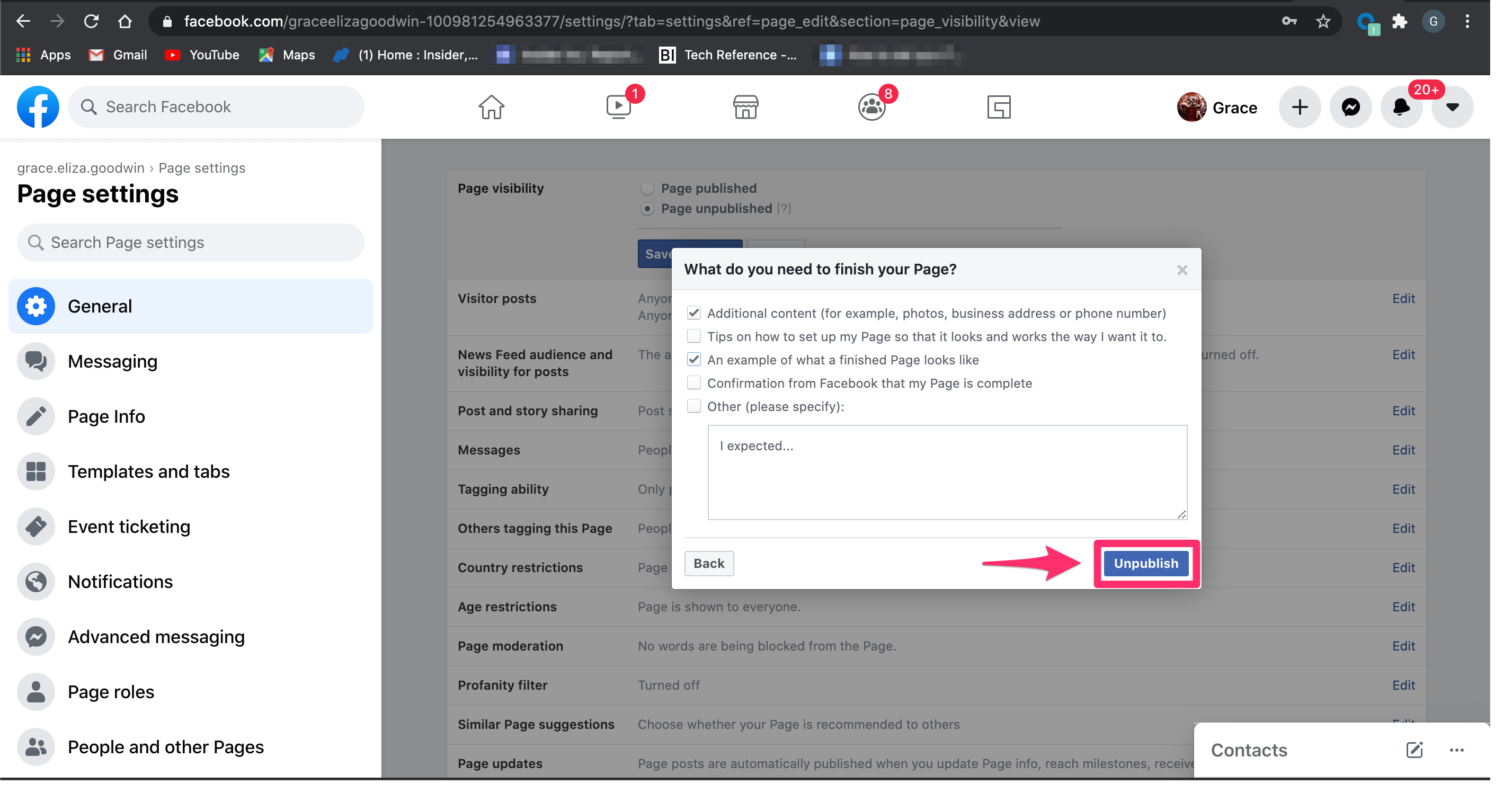 How to make a Facebook business page private by unpublishing it, so