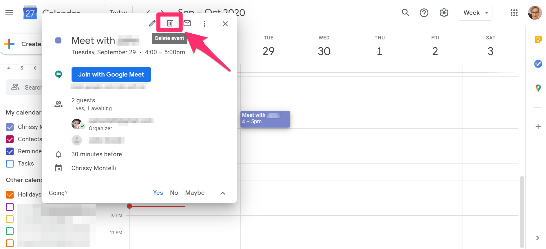 How to cancel a meeting in Google Calendar on the desktop site or