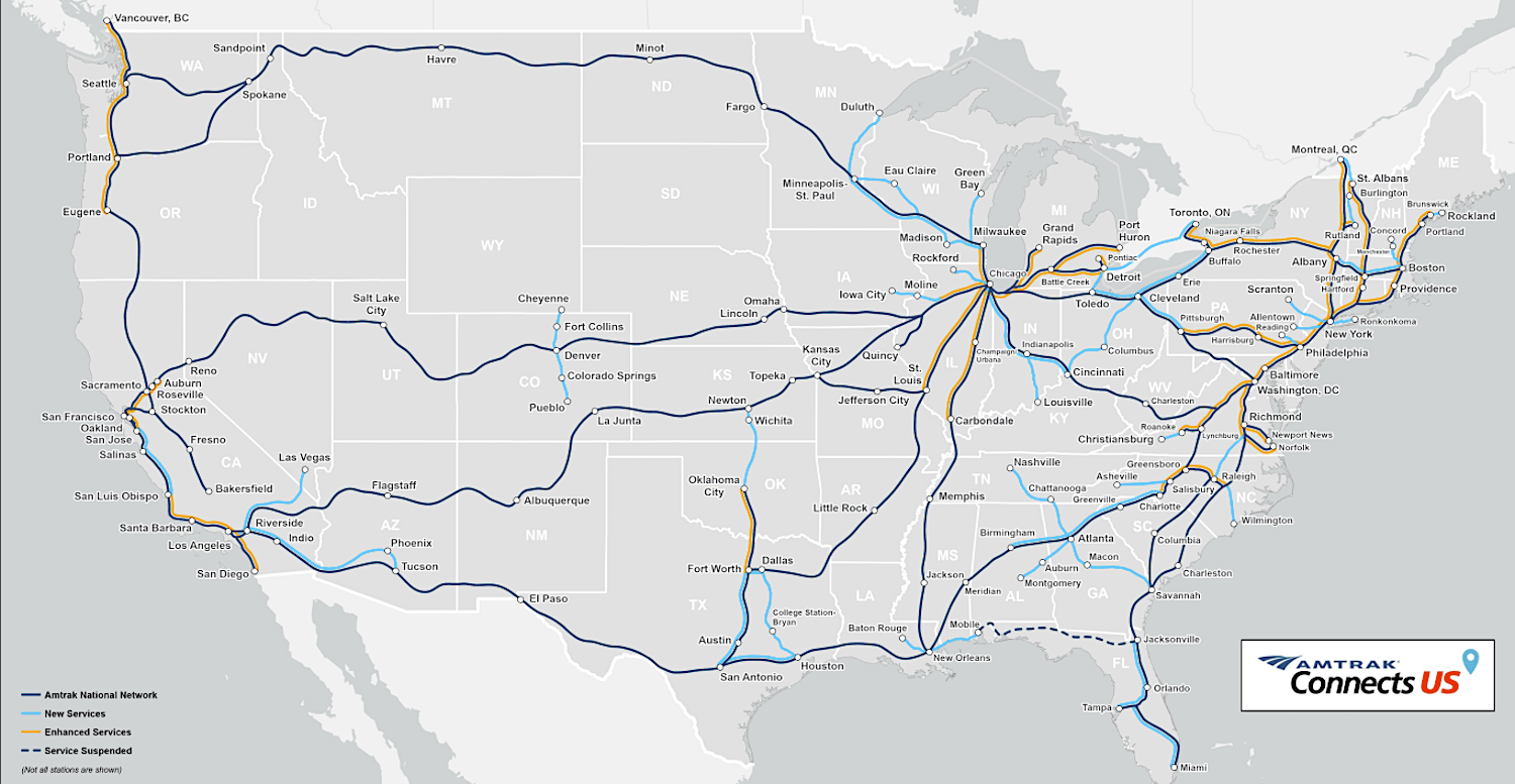 Amtrak releases map of expanded US rail network it says it can build
