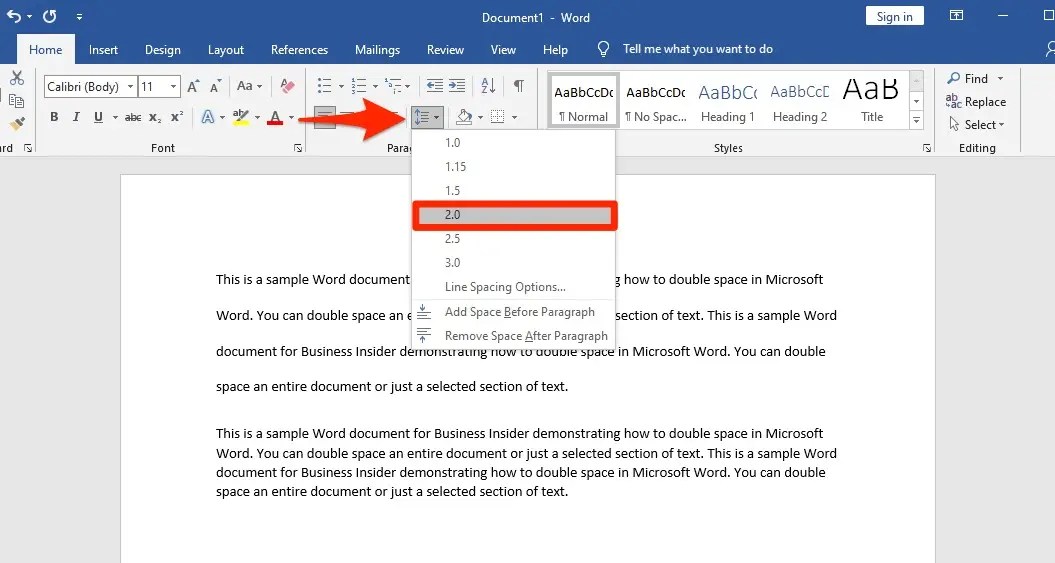 How to double space in Microsoft Word on different