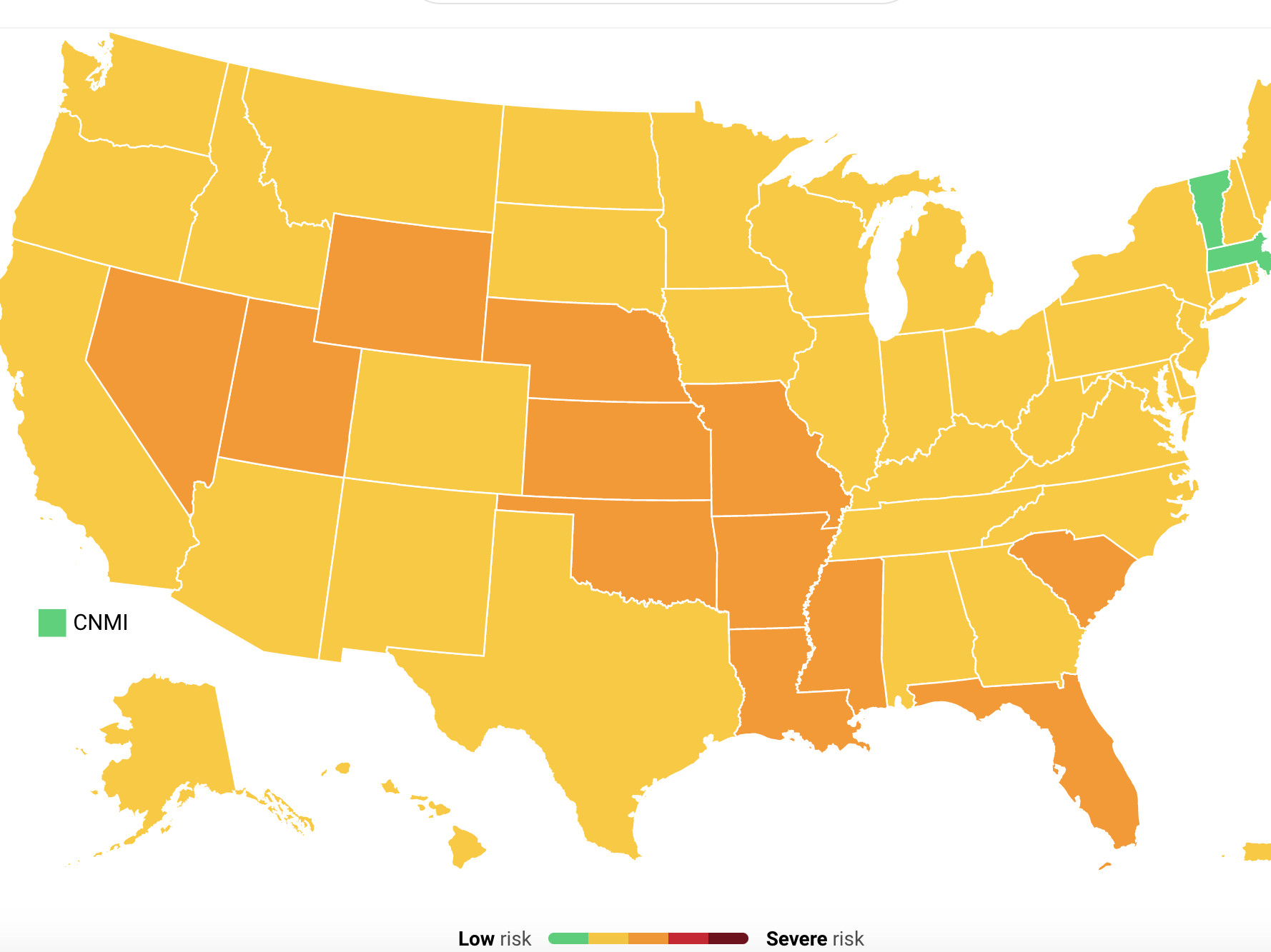 A map shows the 12 states most at risk from COVID19, all with high