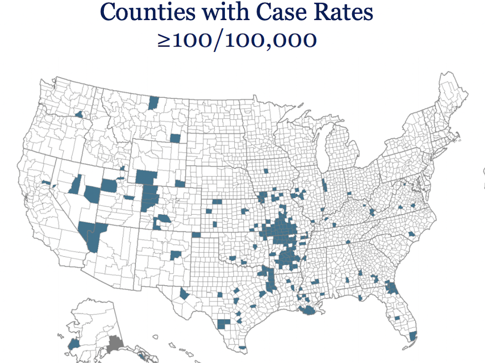 Map shows how almost all the US counties where COVID19 is surging have