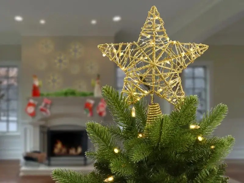 Ceramic Christmas Tree Gold Star & 25 Bird Lights Home Seasonal Décor