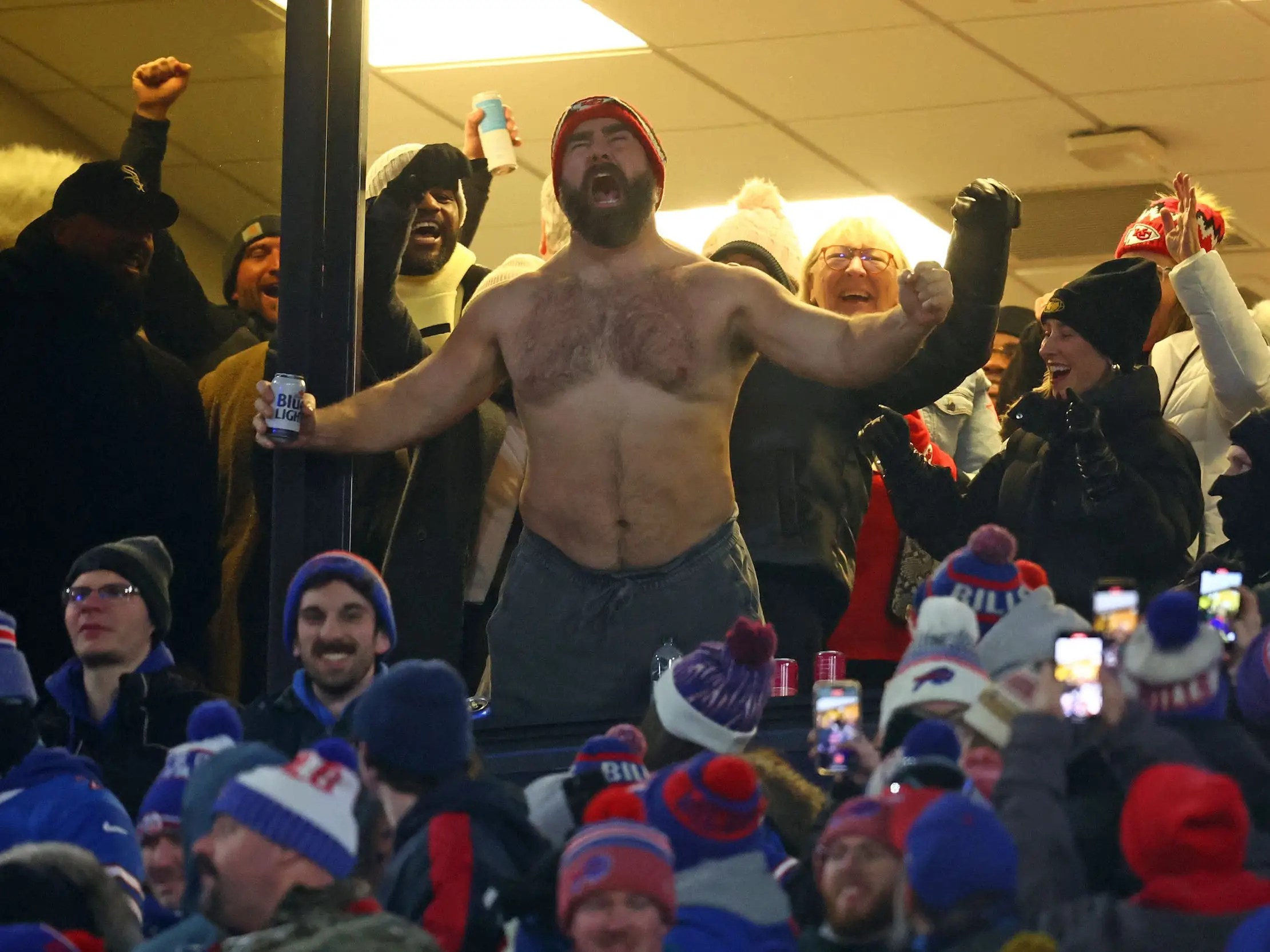 Shirtless Jason Kelce Cheers on Chiefs, Travis With Taylor Swift