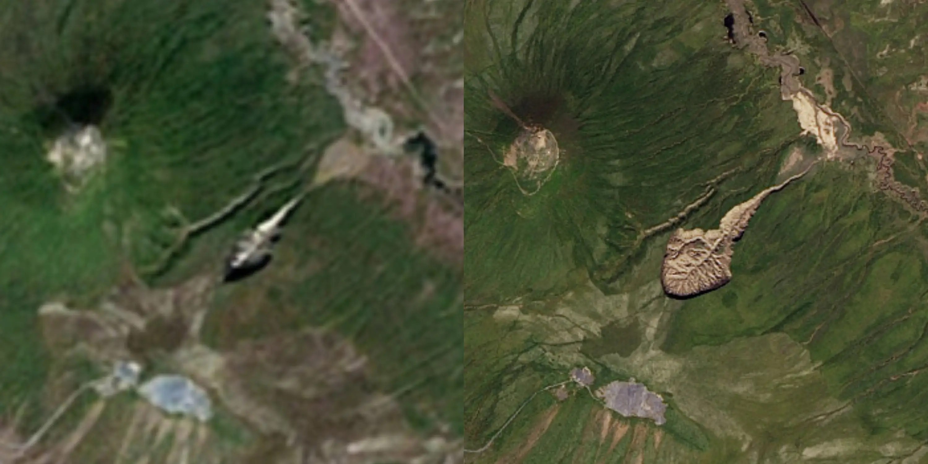 Imágenes satelitales de una gran área de bosque verde con un pozo gigante con forma de raya, donde las imágenes de al lado muestran que el pozo duplica su tamaño.