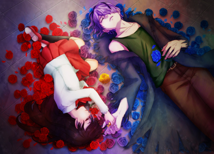Anime sweet couple lying in flowers Anime