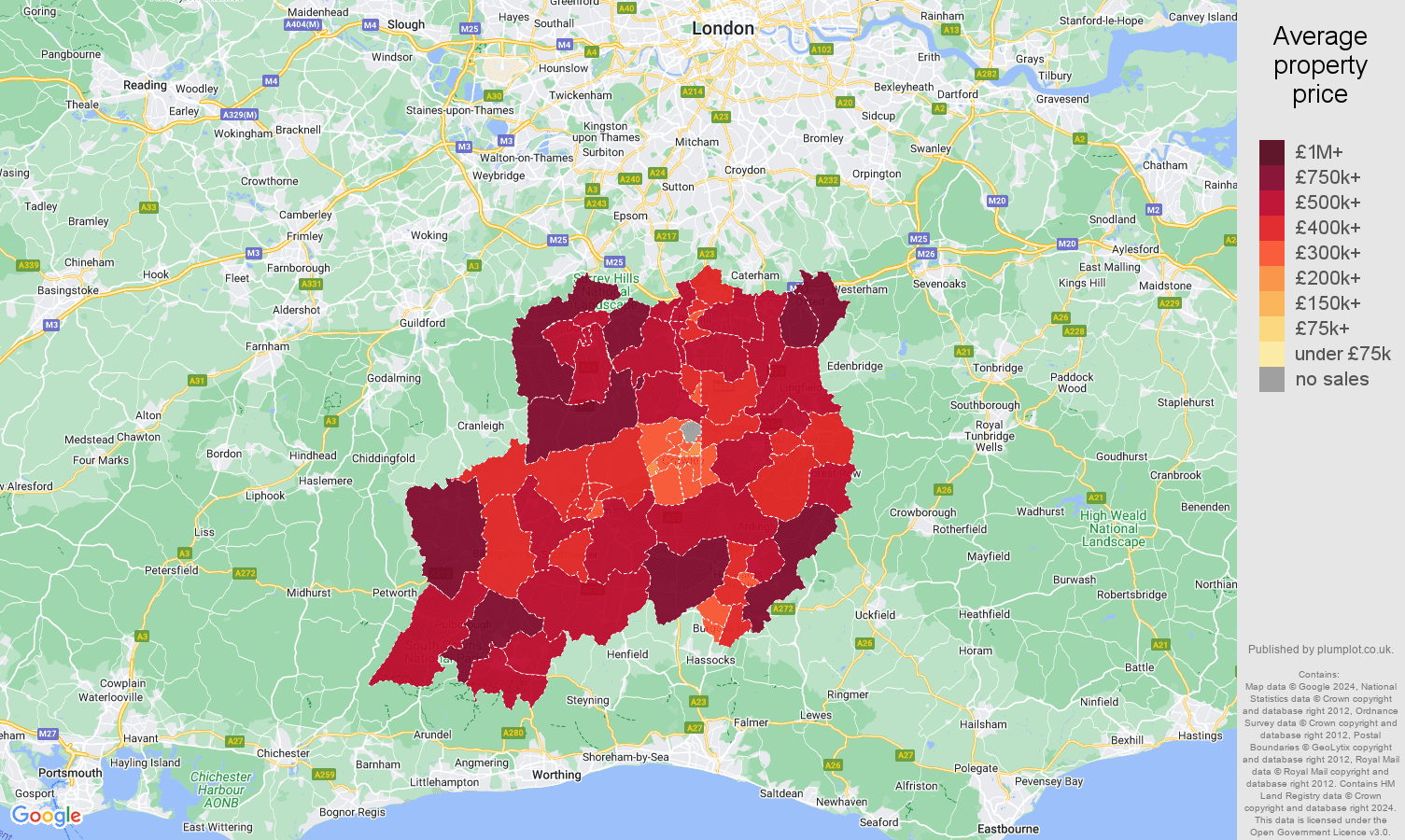 Redhill house prices in maps and graphs. 31 May 2024