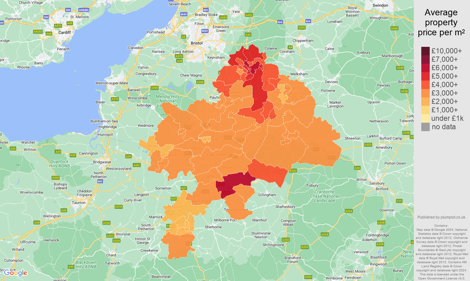 Bath house prices per square metre in maps and graphs. August 2024