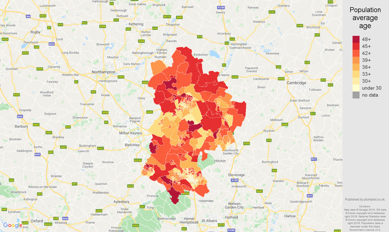 Bedfordshire population stats in maps and graphs.