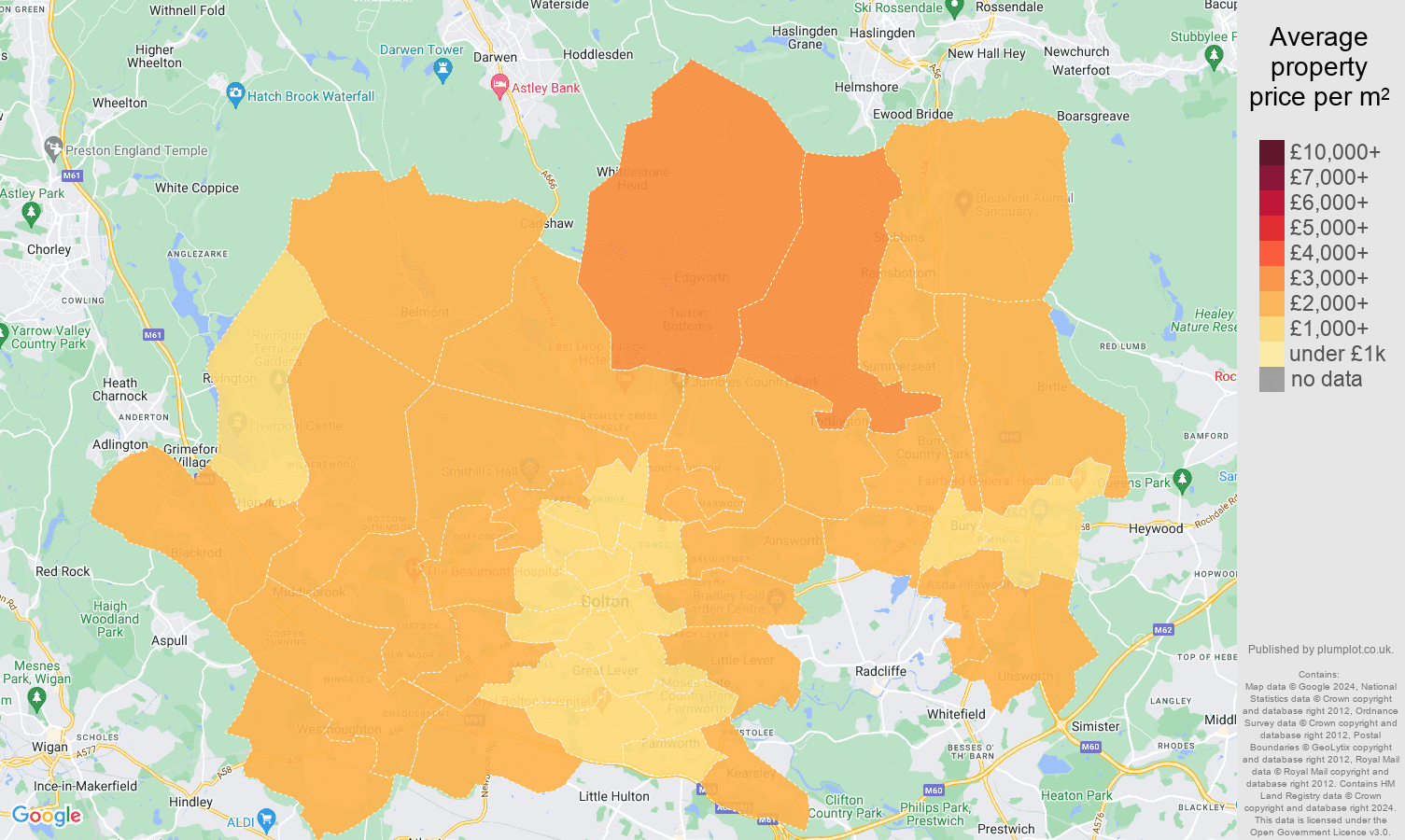 Bolton house prices per square metre in maps and graphs. August 2024