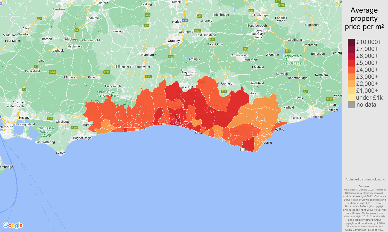 Brighton house prices per square metre in maps and graphs. July 2024