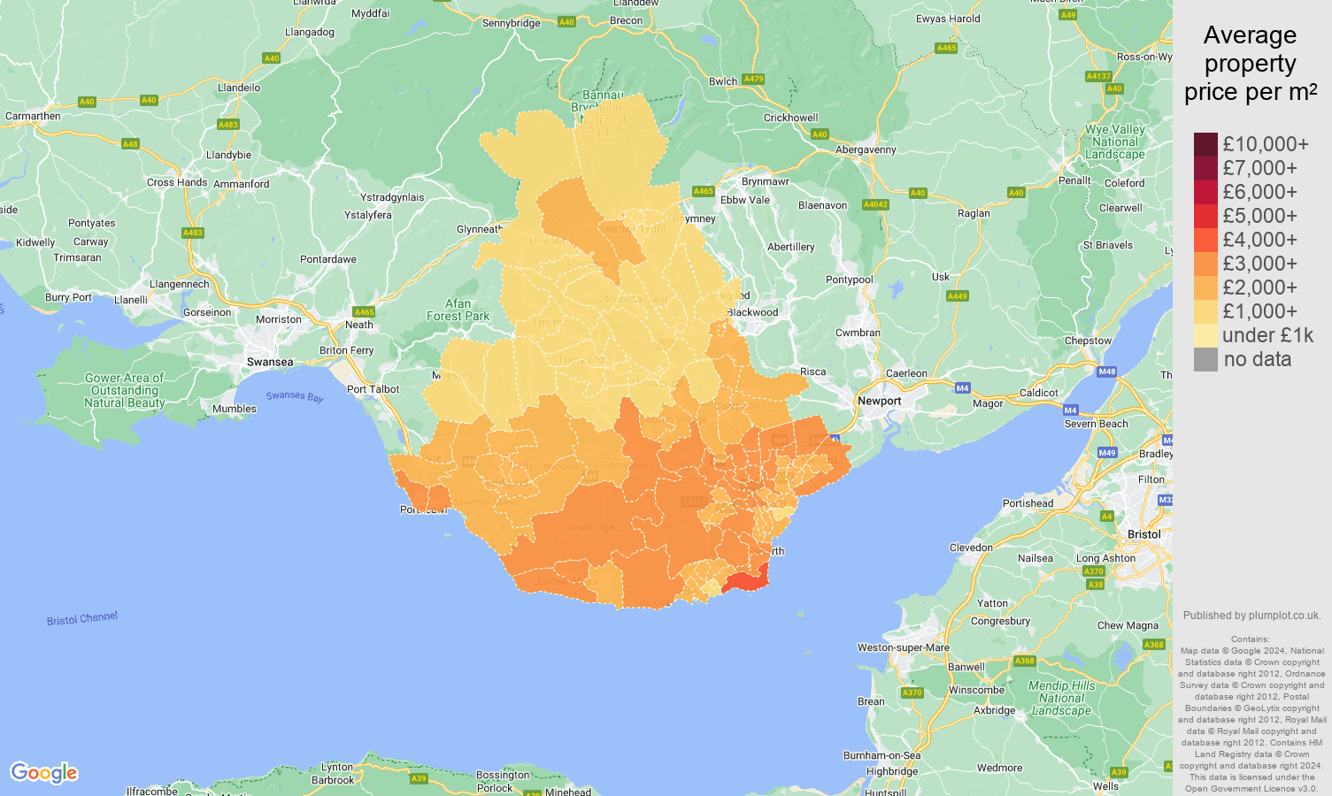 Cardiff house prices per square metre in maps and graphs. October 2024