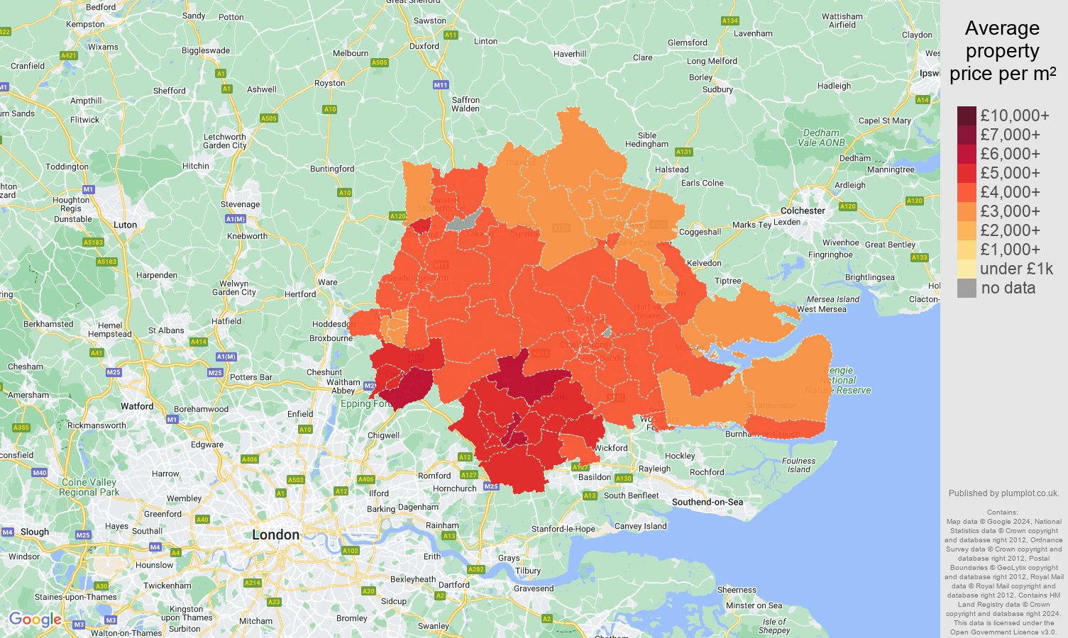 Chelmsford house prices per square metre in maps and graphs. August 2024