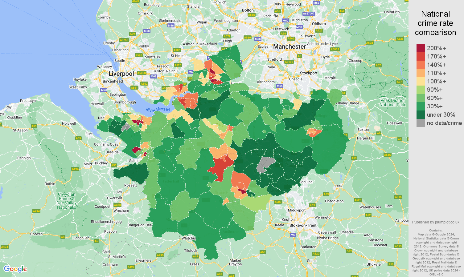Cheshire violent crime statistics in maps and graphs. October 2024