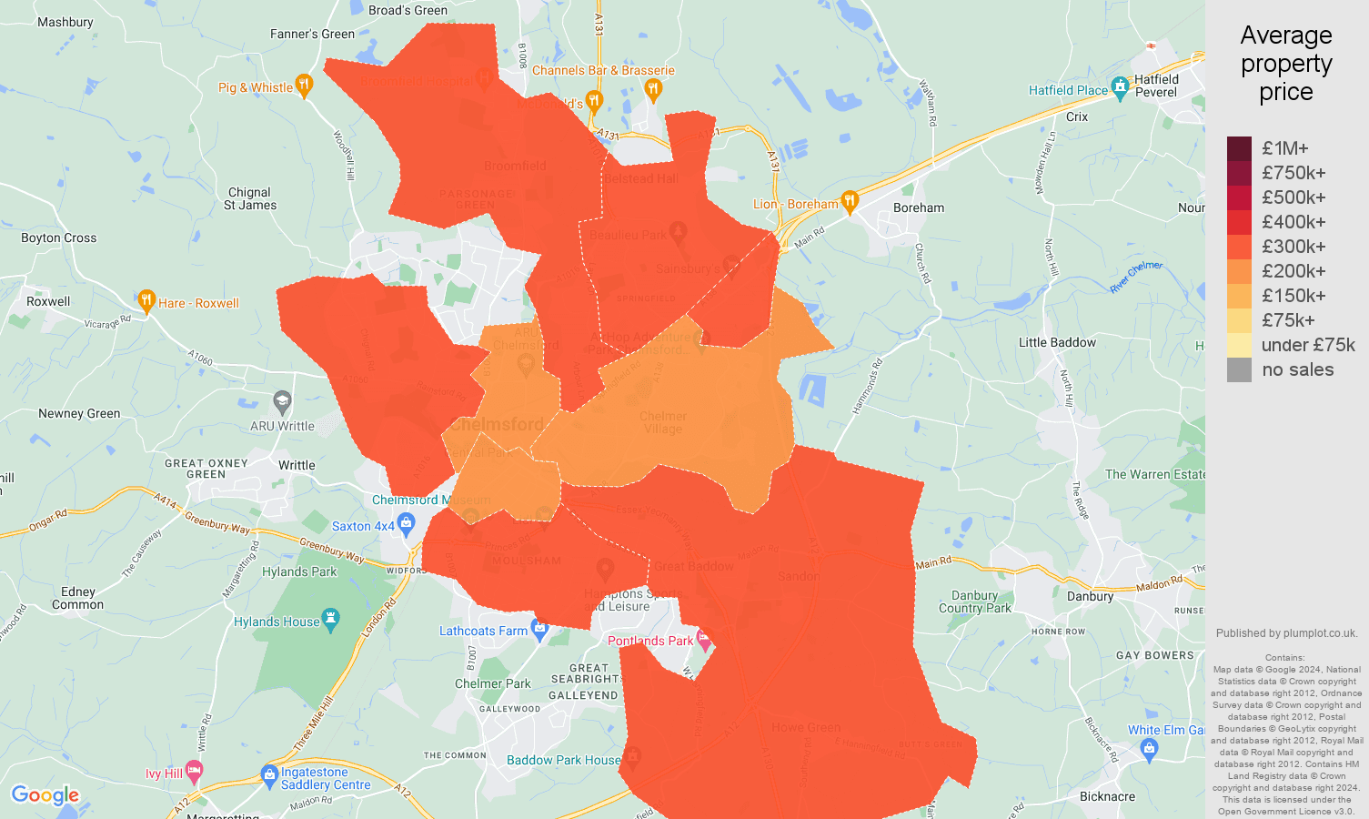Chelmsford house prices in maps and graphs.