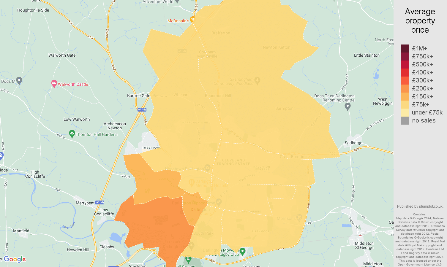 Darlington house prices in maps and graphs. August 2024