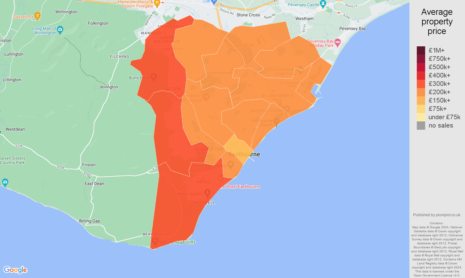 Eastbourne house prices in maps and graphs. July 2024